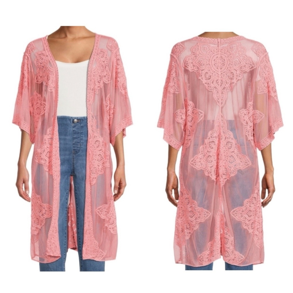 Semi-Sheer Coral Pink Embroidered Kimono Cover-Up Duster